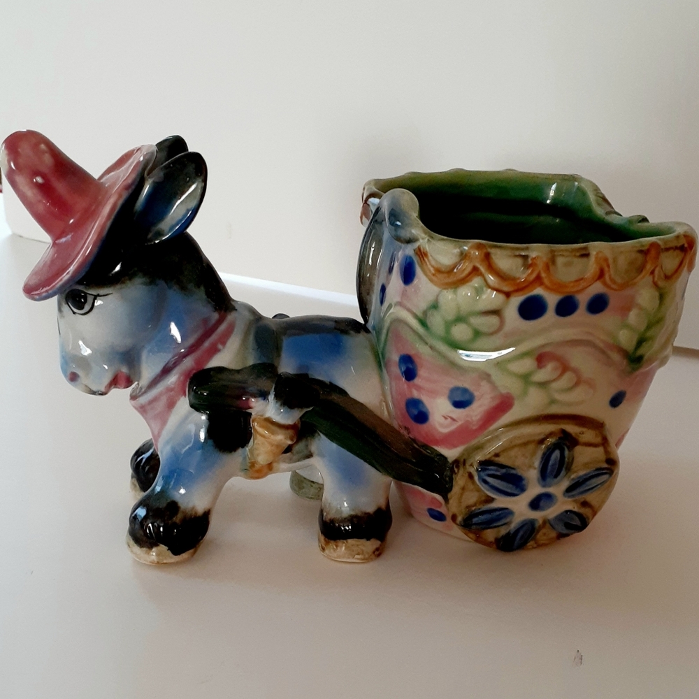 Vintage Colorful Ceramic Donkey Pulling Cart Planter